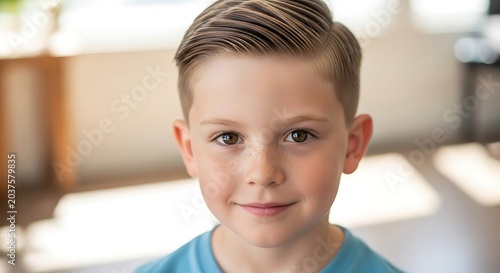 Portrait of a charming young boy with a stylish haircut and freckles