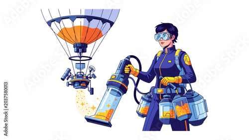 Canvas Print Innovative Aerial Cleanup: A determined scientist in protective gear operates a high-tech vacuum system, capturing airborne pollutants emanating from a futuristic hot air balloon