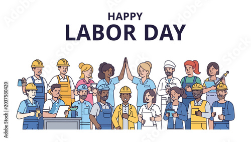Slika na platnu Happy Labor Day: A diverse group of workers from various professions celebrate Labor Day with smiles and high-fives, embodying unity and the spirit of hard work