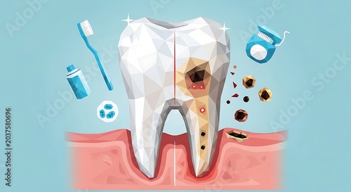 Human tooth comparison showing dental decay and oral hygiene