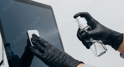 Cleaning a computer monitor with disinfectant spray and gloves