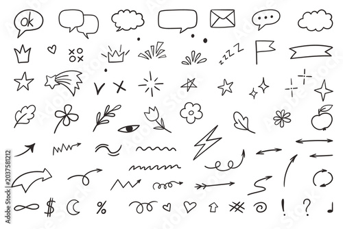and drawn doodle elements set. Arrows, speech bubbles, stars and decorative symbols collection
