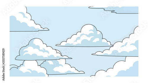 Cuadro en lienzo Fluffy White Clouds in a Blue Sky: A whimsical illustration depicts several fluffy white clouds floating gently across a clear blue sky, evoking a sense of peace and wonder