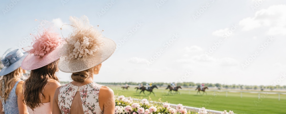 Obraz premium Women wearing decorative hats watching horse racing. Elegance at racecourse. Spectators at equestrian sport event looking at galloping horses. Summer leisure, social lifestyle, fashion.