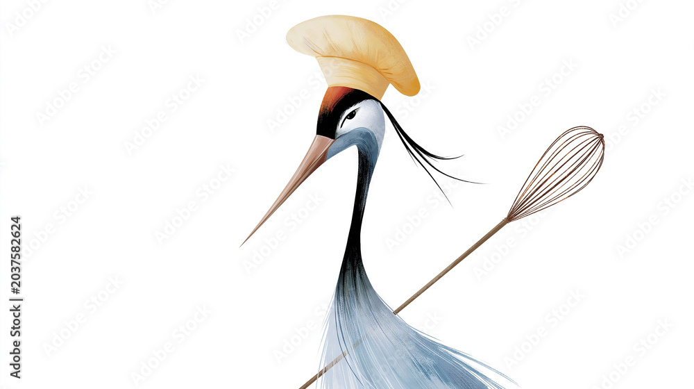 Fototapeta premium Whimsical Crane with Whisk in Hand