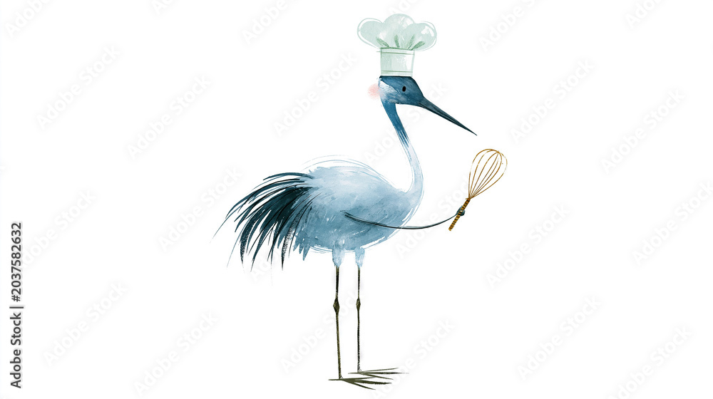 Fototapeta premium Whimsical Crane with Chefâ€™s Hat and Whisk