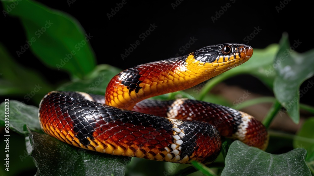 Fototapeta premium Vibrant snake with striking patterns resting on green leaves