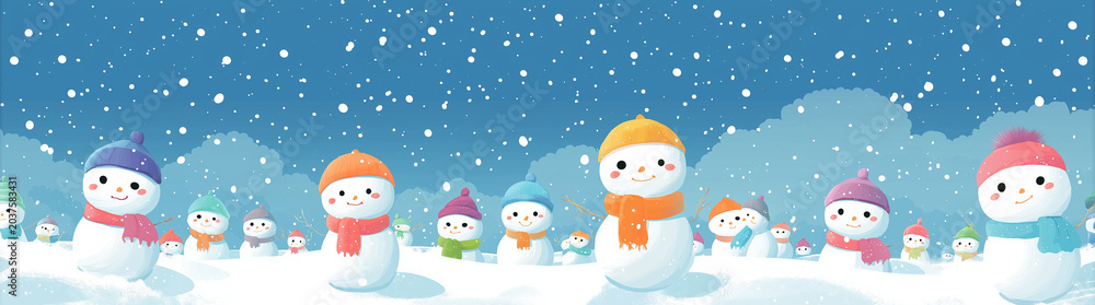 Fototapeta premium a group of snowmen with different hats and scarves, standing in the falling snow on a snowy background. the sky is blue with soft light, creating an atmosphere full of joy for christmas and new year's