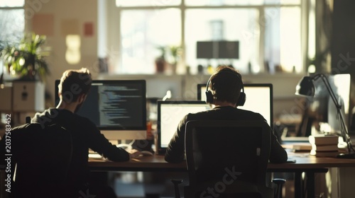 Two programmers working on computers in an office