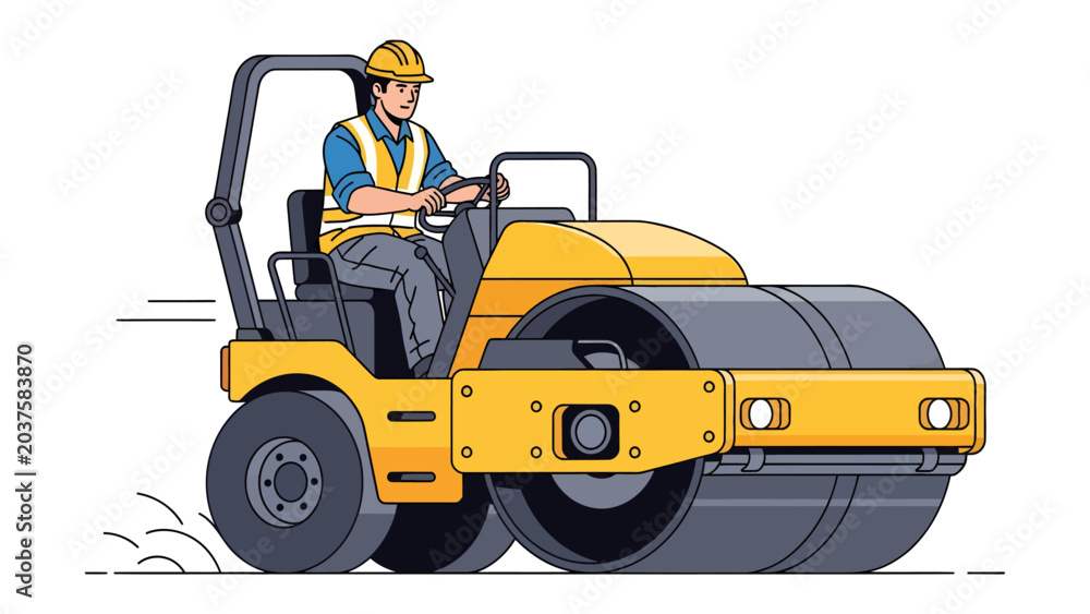 Fototapeta premium Construction worker on a steamroller
