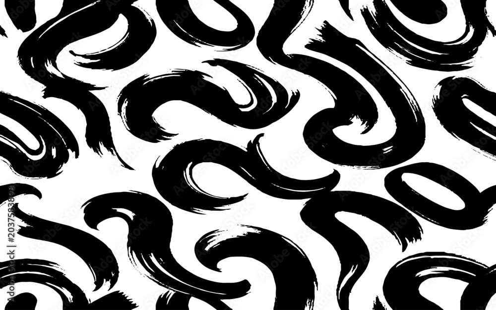 Fototapeta premium seamless vector pattern featuring dynamic, smooth black brush strokes on a clean white background. The strokes should form abstract, elegant swirls, loops, and flowing waves with a hand-painted ink.