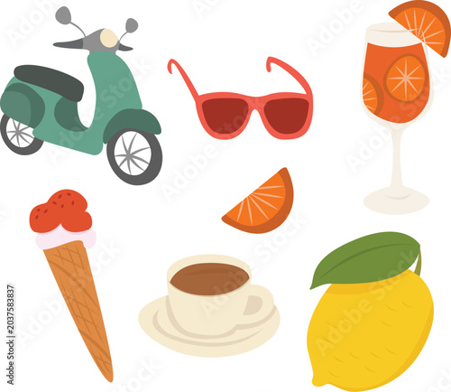 Summer in Italy Vector Set with Scooter, Gelato, Lemon, Aperol Spritz and Italian Coffee
