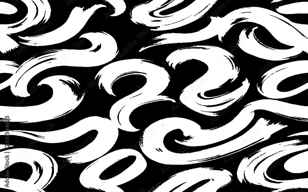 Fototapeta premium seamless vector pattern featuring dynamic, smooth black brush strokes on a clean white background. The strokes should form abstract, elegant swirls, loops, and flowing waves with a hand-painted ink.