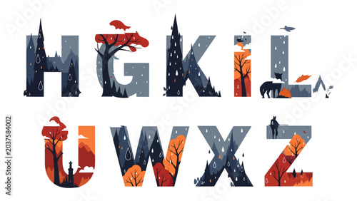 Tableau sur toile Winter Alphabet Landscape: A charming set of alphabet letters, H, G, K, L, I, U, W, X, Z, each intricately designed to depict a unique winter landscape scene with trees, snow