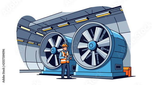 Foto Industrial Fan System: An engineer in a hard hat and safety vest stands by two massive industrial fans in a large building, overseeing a powerful ventilation or air movement system