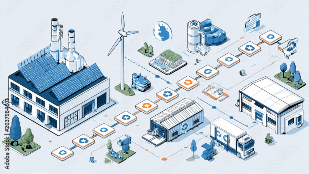 Fototapeta premium Futuristic eco-friendly factory scene with solar panels wind turbines and electric trucks in a clean industrial environment