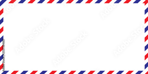 Airmail Envelope frame images with strips. International vintage letter border. Retro air mail postcard with blue and red stripes. Empty classic postal frame. Vector illustration