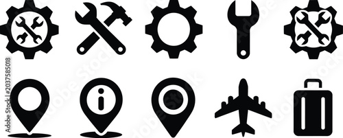 Fotografie Industrial service and travel solid glyph icon set featuring repair tools gears