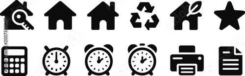 Foto Real estate and office solid glyph icon set featuring houses keys calculator ala