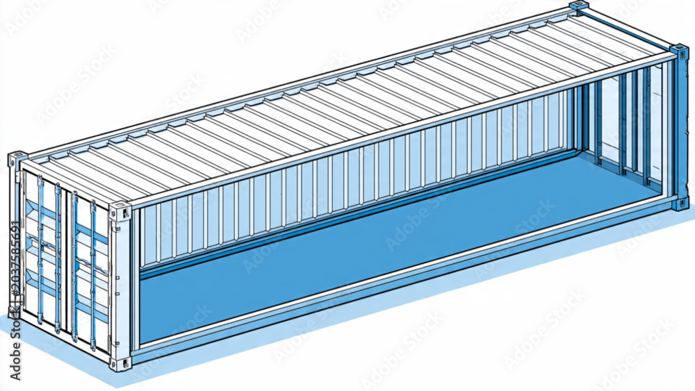 Fototapeta premium Open blue shipping container with empty interior for freight transportation and logistics