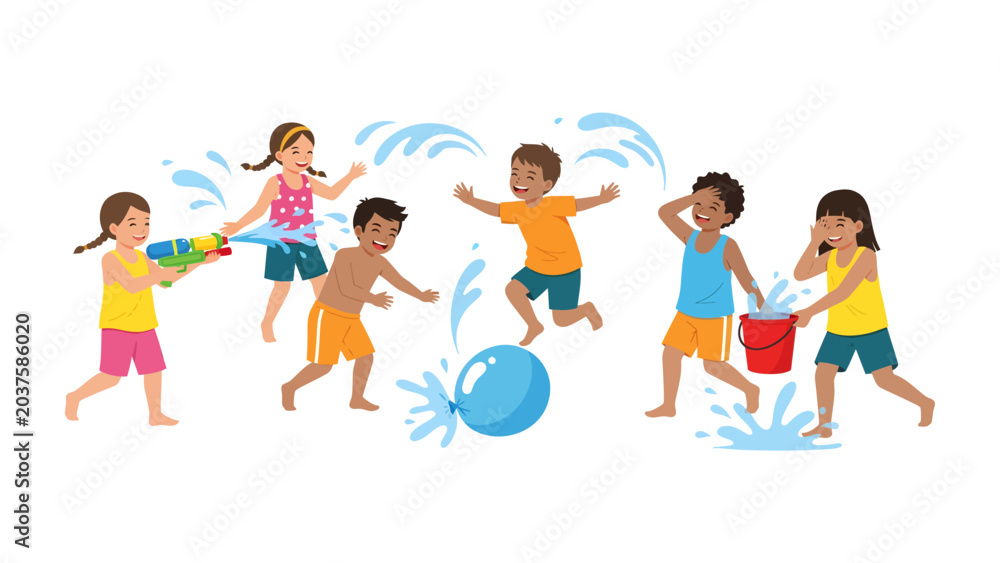 Fototapeta premium Summer Splash: Children revel in the joy of a water fight, playfully drenching each other with water guns, buckets, and a water balloon amidst bursts of splashes and laughter.