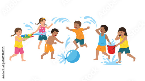 Obraz na plátne Summer Splash: Children revel in the joy of a water fight, playfully drenching each other with water guns, buckets, and a water balloon amidst bursts of splashes and laughter