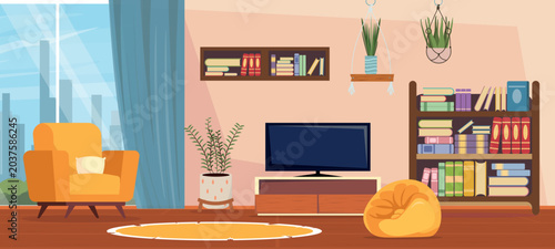 Vector illustration of cozy living room interior. Cartoon scene of a room with a bookcase, shelves, indoor plants in a wicker pot, TV, armchair with a pillow, bean bag, carpet, solid glass window.