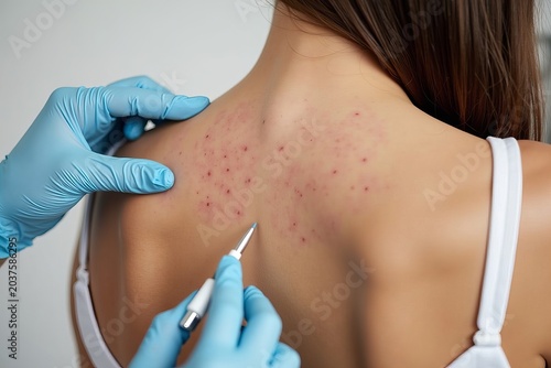 Dermatologist conducting close-up examination of woman's back for skin issues including allergies, pigmentation, and melanoma detection.