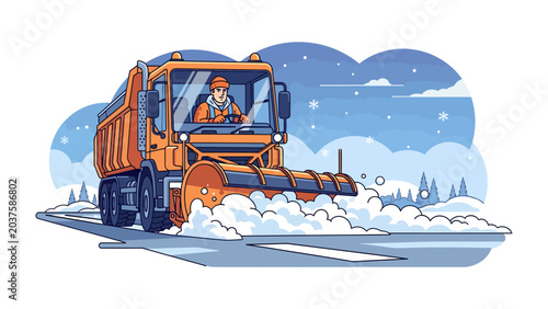 Bild auf Leinwand Snowplow Clearing Road: A robust snowplow truck, driven by a determined operator, diligently clears a snow-covered road amidst a winter landscape, creating a safe passage through the blizzard