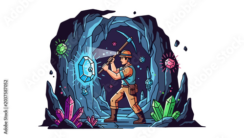 Tableau sur toile Gemstone Mining Adventure: A determined miner extracts luminous gemstones from a mystical cavern, surrounded by glowing crystals and the deep allure of the earth's treasures