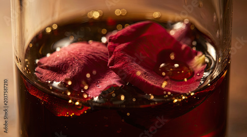 Rose petals floating in dark liquid create serene and elegant atmosphere