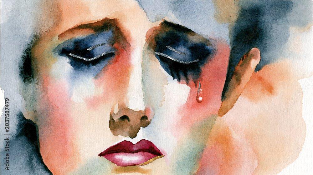 Fototapeta premium Woman's face with watercolor effect and tear