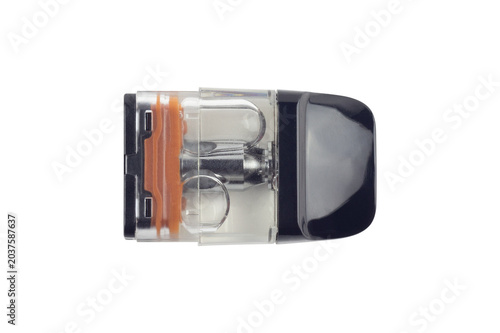 Vape cartridge with e-liquid, isolated from the background.