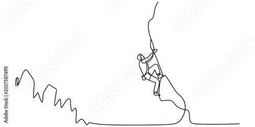 Foto A single continuous line drawing of a person rock climbing a steep mountain clif