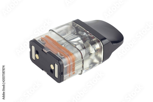 Vape cartridge with e-liquid, isolated from the background.