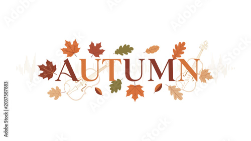 Photography Autumn Word Art with Leaves and Guitar:: A decorative composition featuring the word Autumn stylized with colorful autumn leaves and subtle musical notes