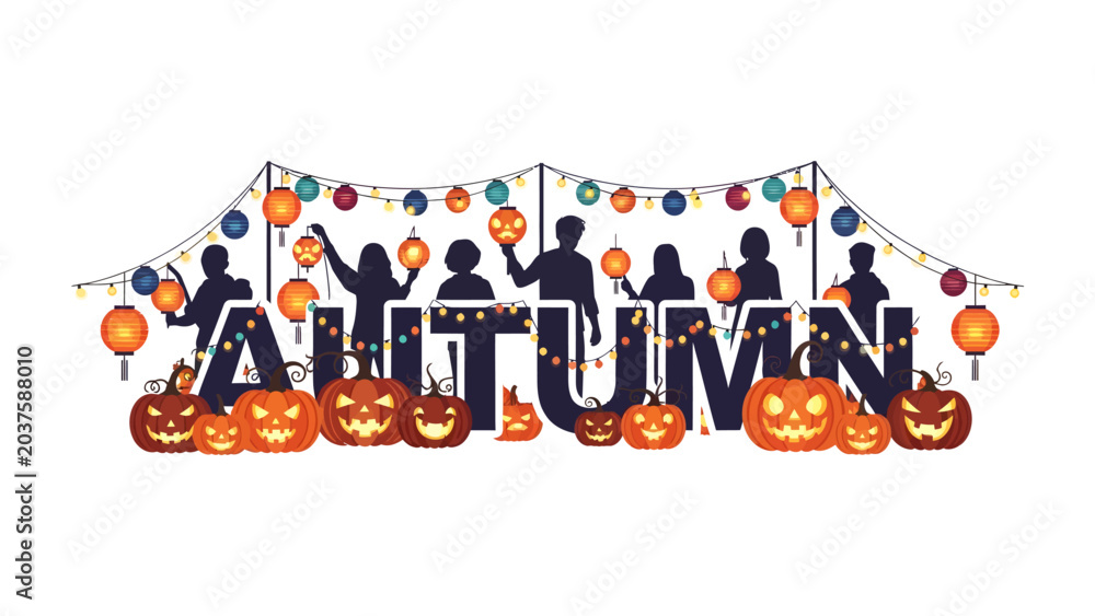 Fototapeta premium Autumn Festival Celebration: A vibrant illustration depicting the word AUTUMN adorned with festive string lights, glowing lanterns, and cheerful jack-o'-lanterns.