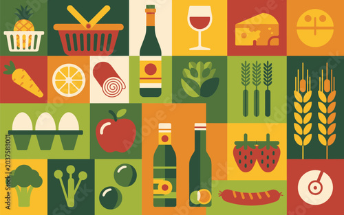 Vibrant flat vector illustration showcasing organic produce and grocery items arranged in a clean geometric market grid.
