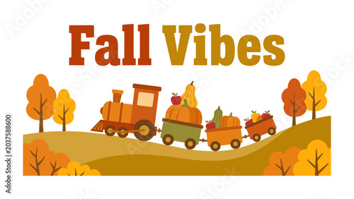 Obraz na plátně Fall Vibes Train: A charming illustration depicts a whimsical train adorned with autumnal decorations, chugging through a landscape dotted with colorful fall trees