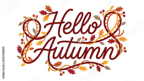 Foto Hello Autumn Graphic: A beautifully illustrated typographic design announces Hello Autumn adorned with ornate swirls, berries, and fallen leaves in warm autumnal hues, perfect for seasonal greetings