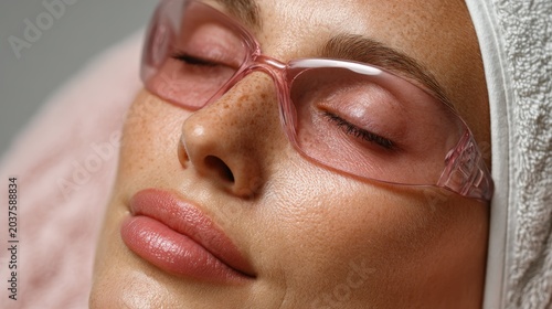 A woman wearing protective goggles during a treatment provides a professional backdrop for the websites of beauty clinics and advertisements for aesthetic medicine.