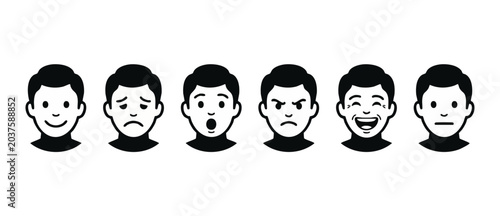 Schilderij op canvas Male facial expression icons vector set showing diverse emotions of happy, sad, angry, surprised, neutral, laughing, isolated on white background for design graphic elements user avatar character