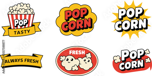Colorful set of retro popcorn vector stickers featuring comic book style typography and cute cartoon snack characters on white.