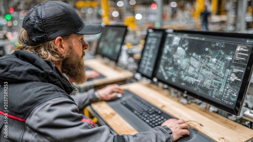 A bearded man in a cap is working at a computer with a 3D model on the screen in a workshop, providing a professional backdrop for articles on CAD design, engineering and modern manufacturing.