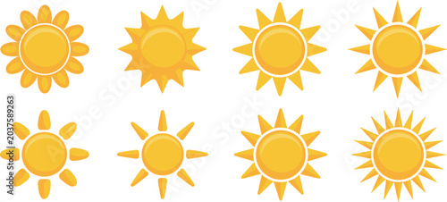 Foto Vibrant collection of eight sun vector icons with various ray styles expressing happy summer warmth and bright light on white
