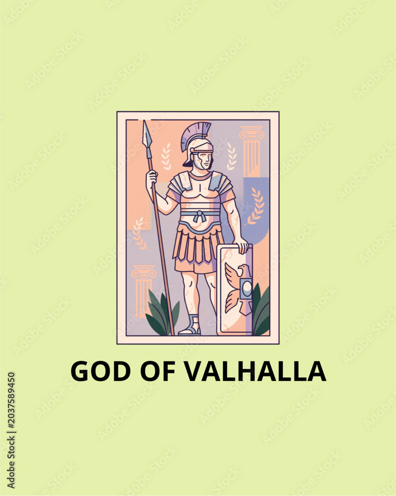 Obraz premium Roman Warrior Stone Statue Standing Inside Rectangular Border Box with Soft Lighting and Minimal Decorative Accents — Flat Vector Museum Poster, Classical Sculpture Illustration, 