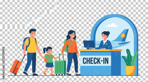 Travelers standing at an airport check-in desk with their suitcases prepare for an upcoming international flight to a new destination.