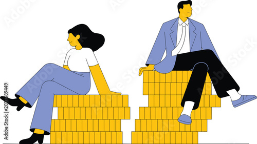 Slika na platnu Successful business duo sits on large gold coin stacks, feeling confident about wealth growth in flat lighting on white background