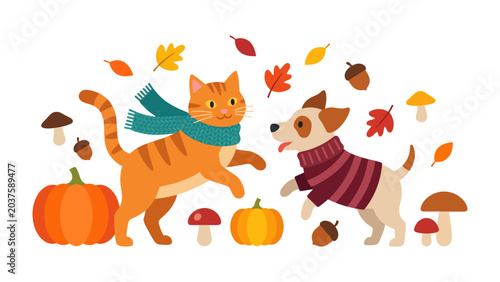 Photography Autumn Companions: A playful cat in a scarf and a dog in a sweater frolic amongst pumpkins, mushrooms, acorns, and falling leaves, celebrating the whimsical spirit of fall