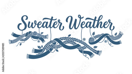 Foto Cozy Threads for Chilly Days: A charming illustration captures the essence of Sweater Weather with intricately knitted scarves and leafy accents, evoking a sense of warmth and autumnal comfort